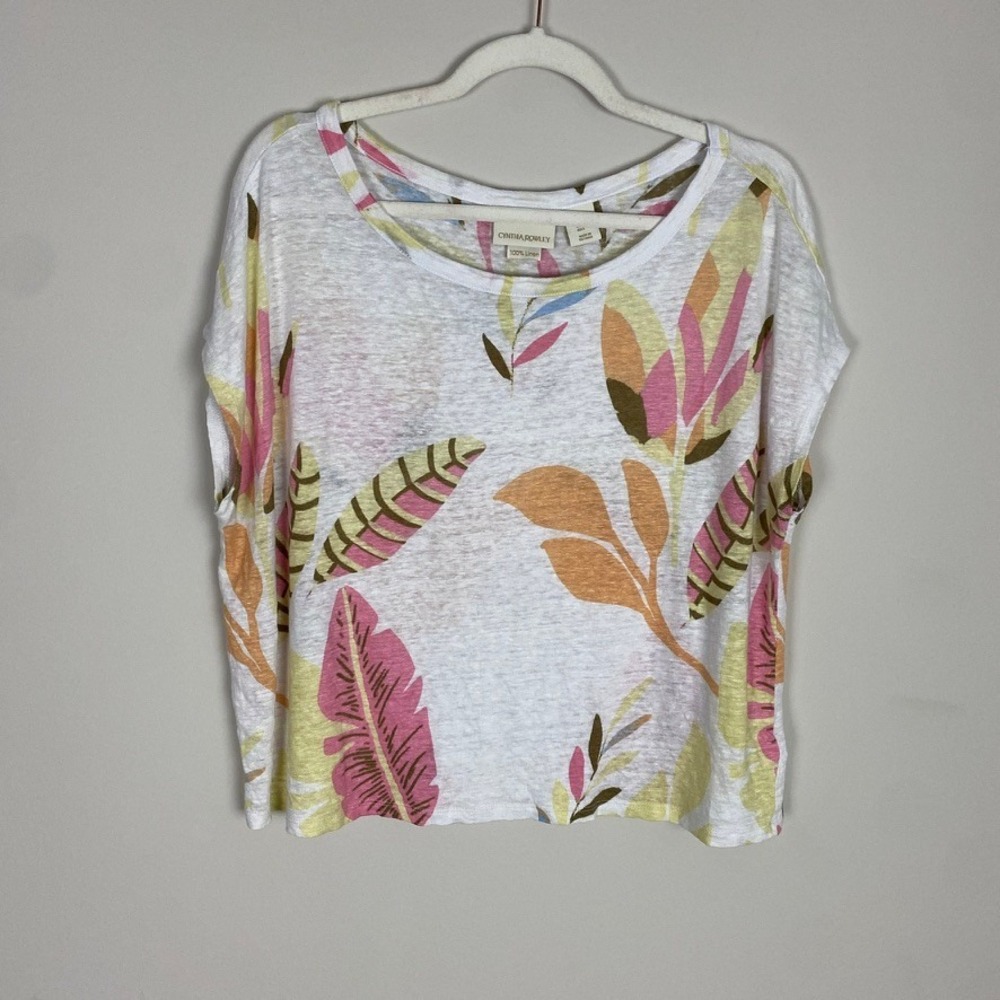 Cynthia Rowley Linen Top Womens Large Tropical Leaf Boxy Vacation Natural